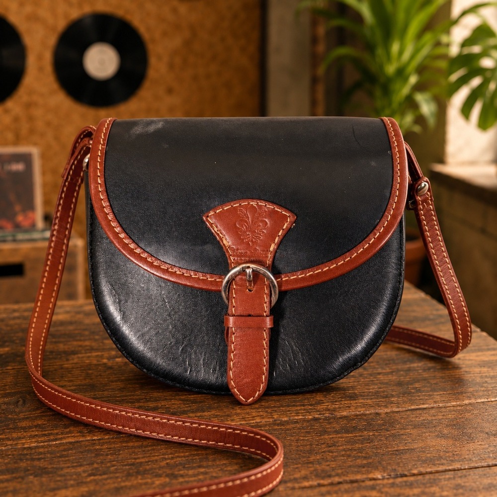 Vintage Black and Brown Leather Saddle Bag Crossbody Purse Fleur-de-Lis